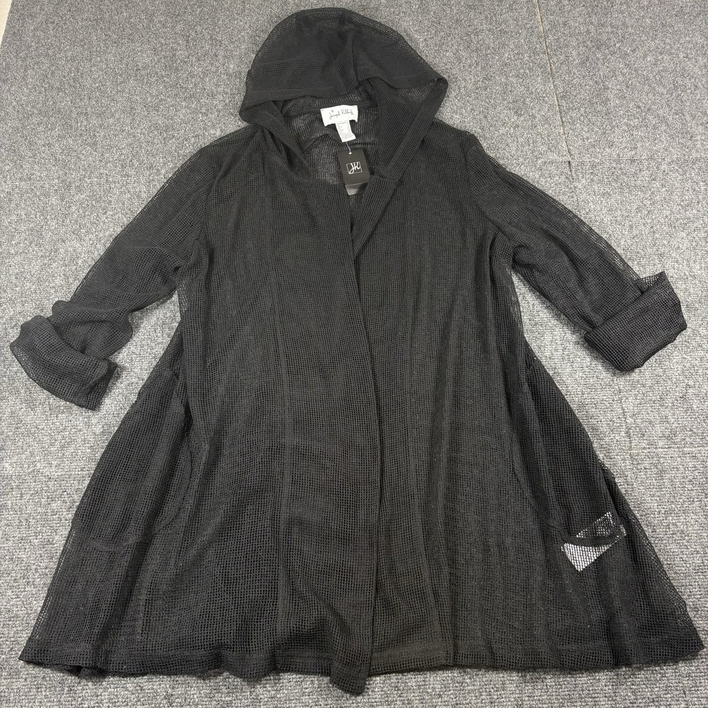 Joseph Ribkoff NEW Black Sheer Mesh Hooded Open Front Cardigan Top Jacket Sz 14